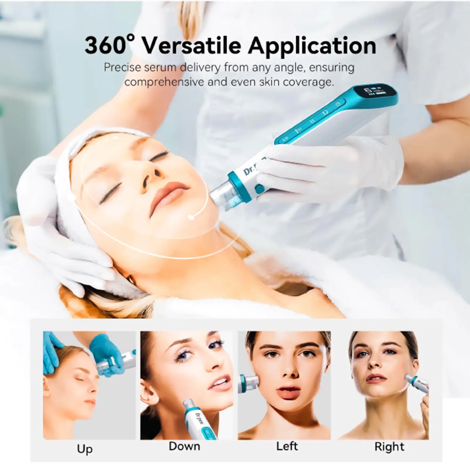 Dr. Pen H6 with a woman receiving treatment and close-up shots of the device from different angles.