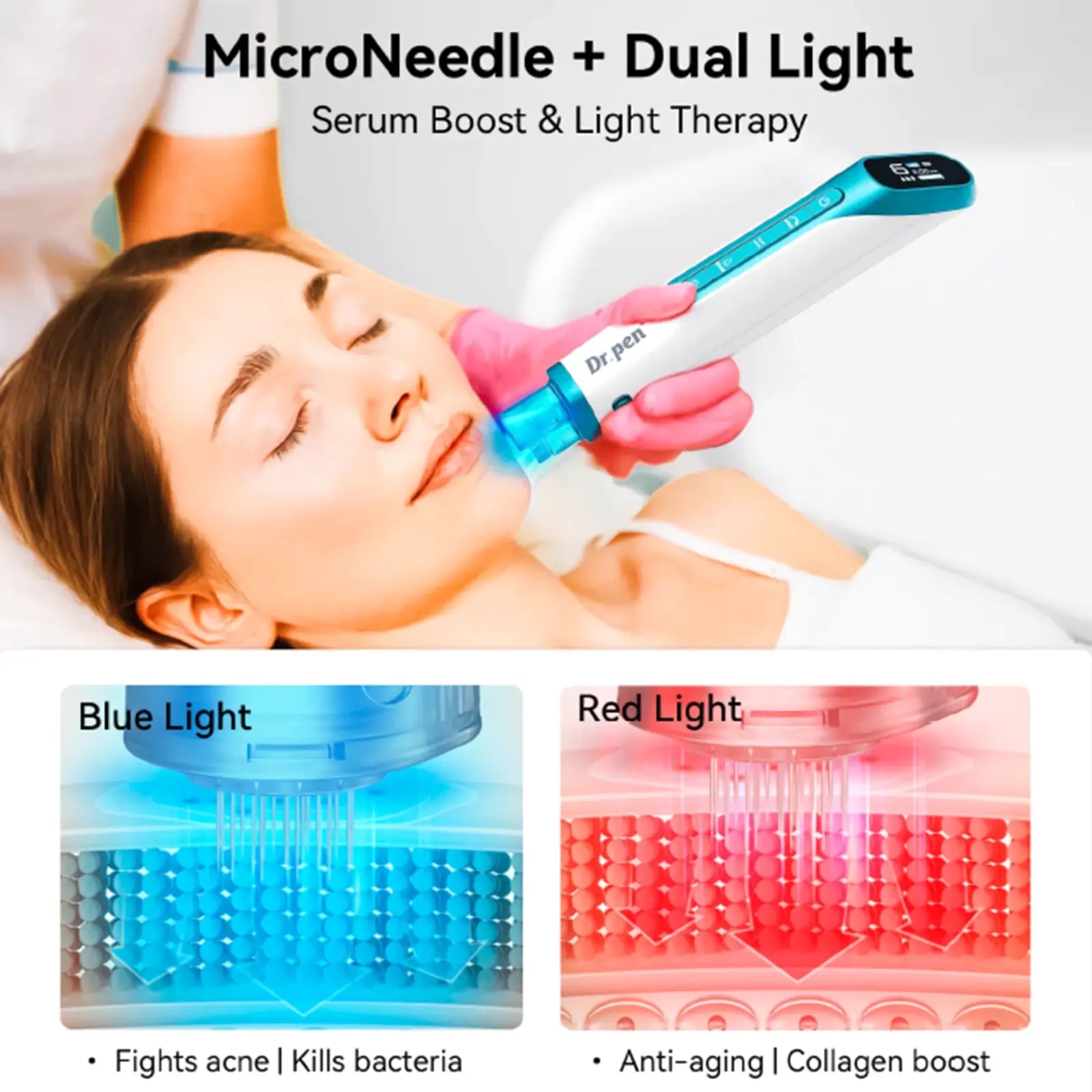 Woman receiving facial treatment with Dr. Pen H6 labeled 'MicroNeedle + Dual Light' on a white background.
