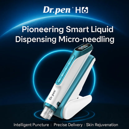 Dr. pen H6 device with text highlighting its features on a dark background