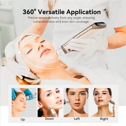 Facial treatment device with a woman receiving treatment, showcasing 360-degree application.