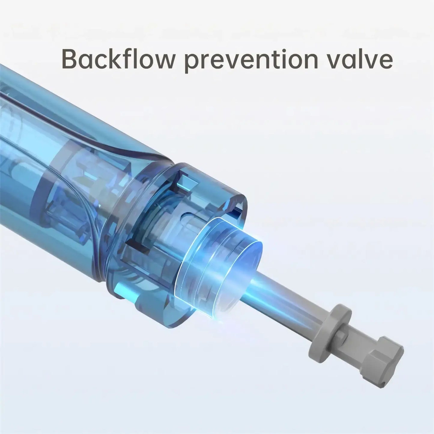 Backflow prevention valve with a clear and blue design on a light gray background