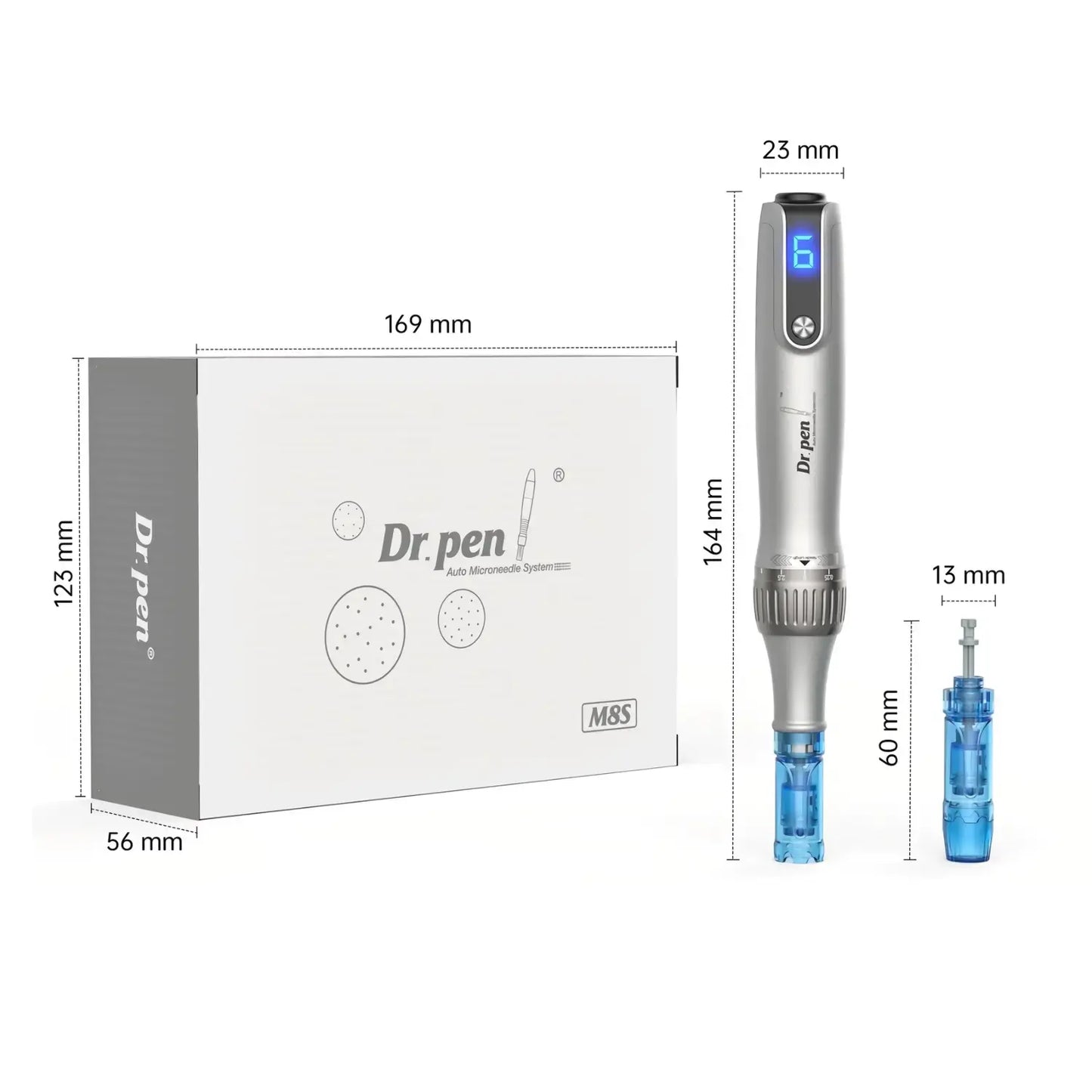 Dr. pen m8s with dimensions and packaging on a white background