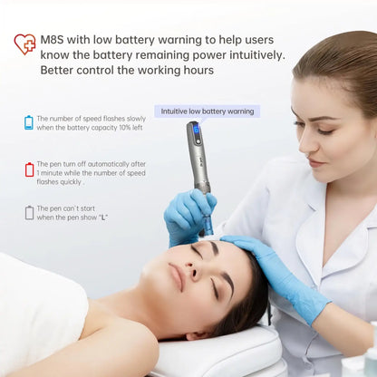 Woman receiving a facial treatment with a dr pen m8s, wearing gloves, on a white background.