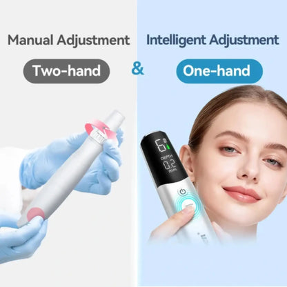 Comparison of manual and intelligent adjustment methods with Dr. Pen M9 held by a hand and close-up of a face.