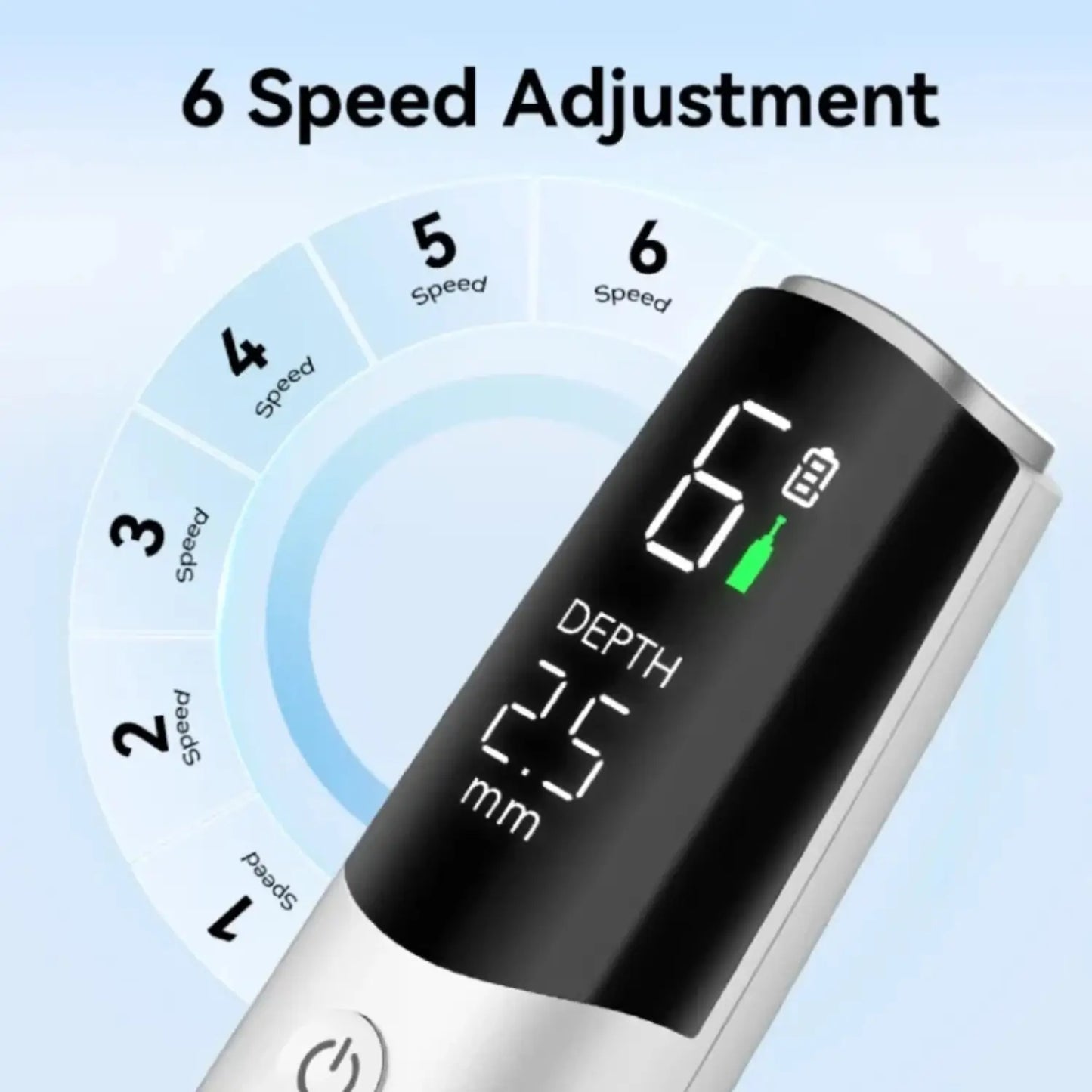 Dr. Pen M9 with speed and depth display on a light blue background