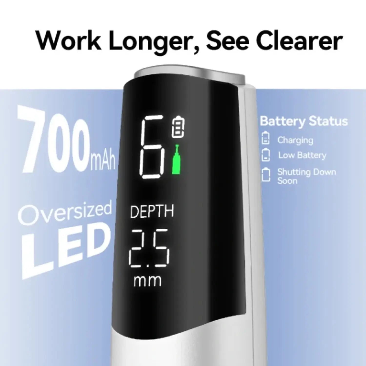 Dr. Pen M9 with LED display on a blue background, featuring text about battery status and depth measurement.